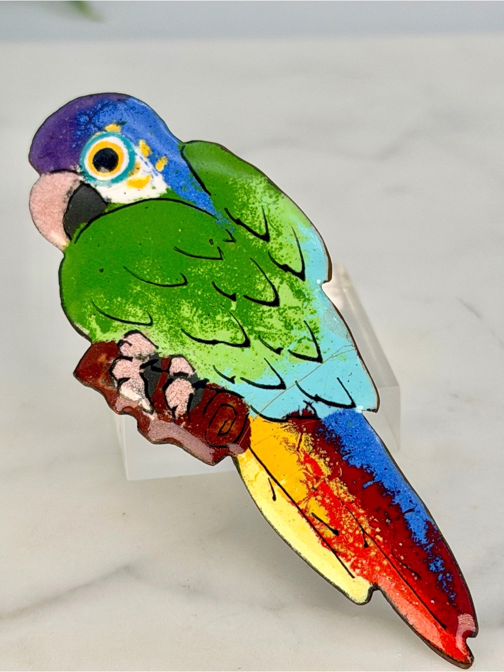 Vintage Colorful Parrot Enamel Brooch Pin Bright Bird Tropical 3.25” Long Unisex
